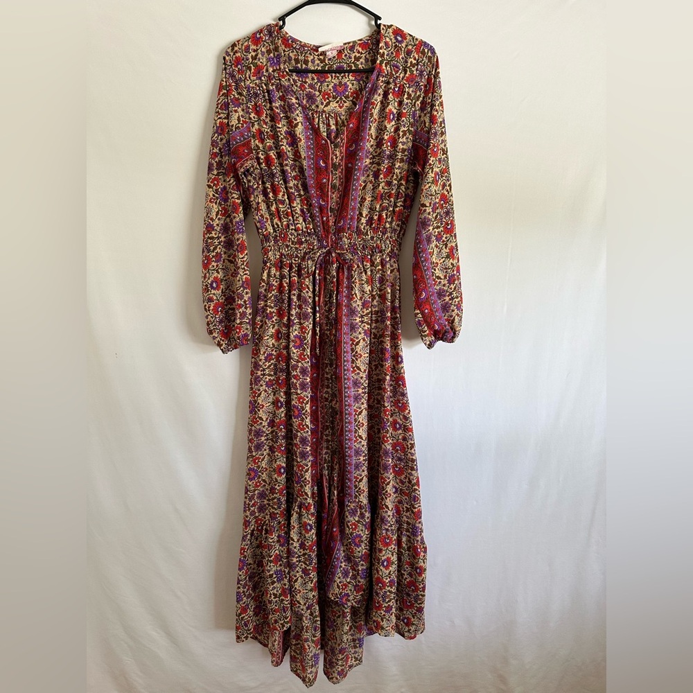 Boemo Womens M Floral Boho Maxi Dress Long Sleeve Smocked Waist